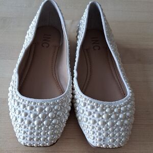 INC International Concepts Women's Pearl Embellished Cream Flats